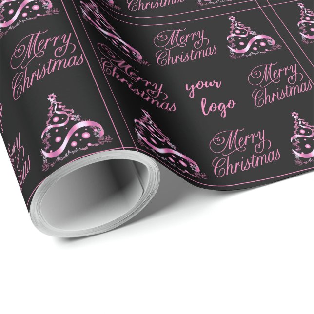 Custom Logo Elegant Pink Black Christmas Wrapping Paper (Roll Corner)