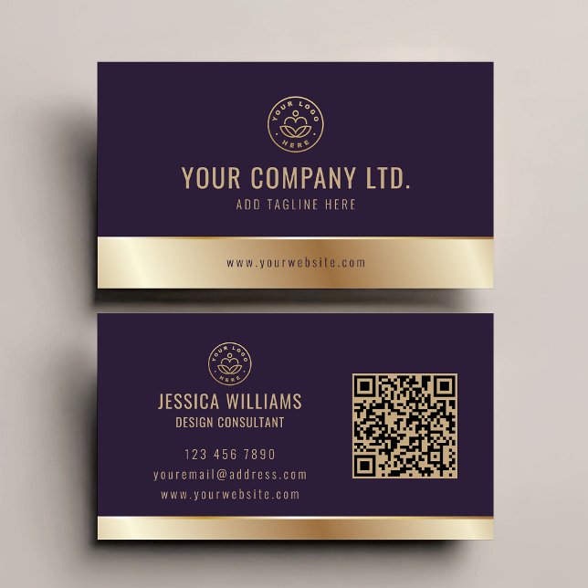 Custom Logo Elegant Purple Gold QR Code Business Card (Creator Uploaded)