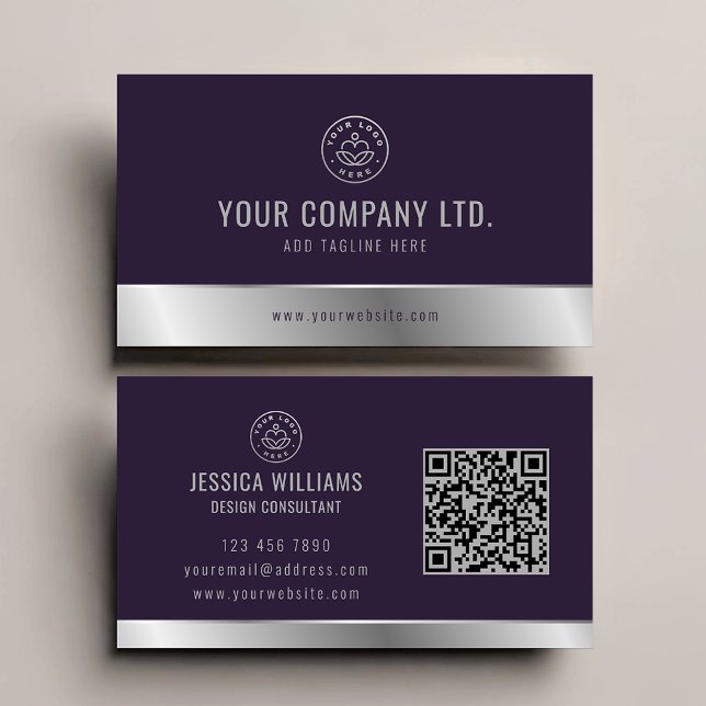 Custom Logo Elegant Purple Silver QR Code Business Card (Creator Uploaded)