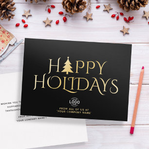 Custom Logo Elegant Simple Black Gold Christmas Holiday Card