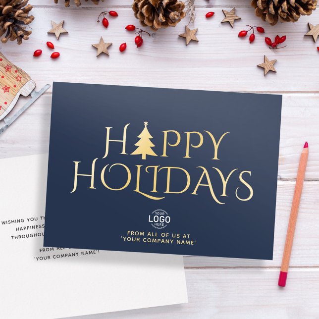 Custom Logo Elegant Simple Blue Gold Christmas Holiday Card (Creator Uploaded)