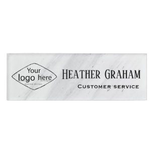 Custom Logo Elegant White Marble Design Name Tag