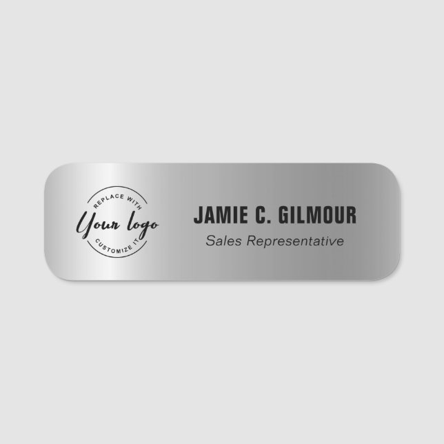 Custom Logo Employee Name Faux Silver Magnetic Tag (Front)