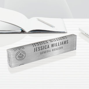 Custom Logo Employee Name Luxe Faux Brushed Silver Nameplate