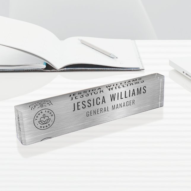 Custom Logo Employee Name Luxe Faux Brushed Silver Nameplate (Creator Uploaded)