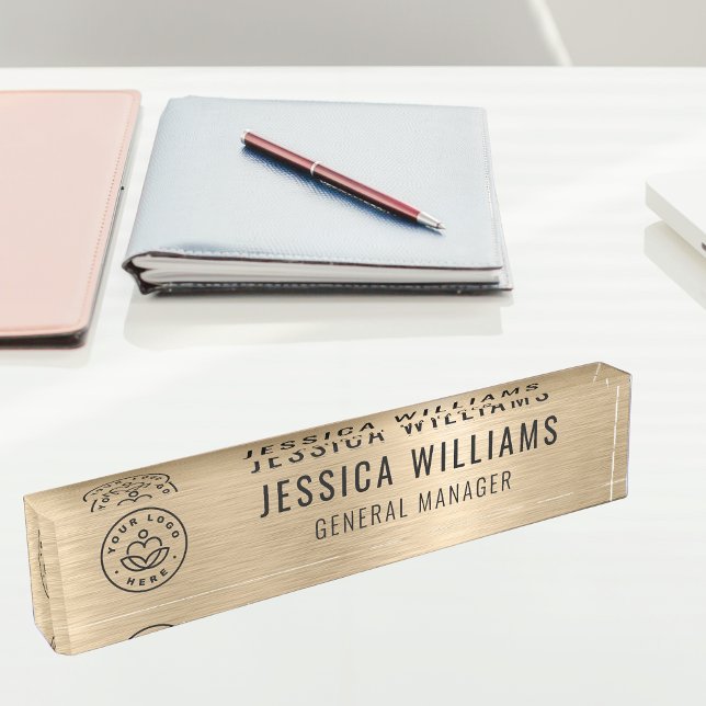 Custom Logo Employee Name Luxury Faux Brushed Gold Nameplate (Creator Uploaded)