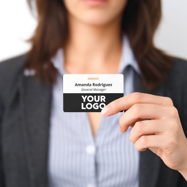 Custom Logo Employee Simple White Black Name ID Badge (Presented)