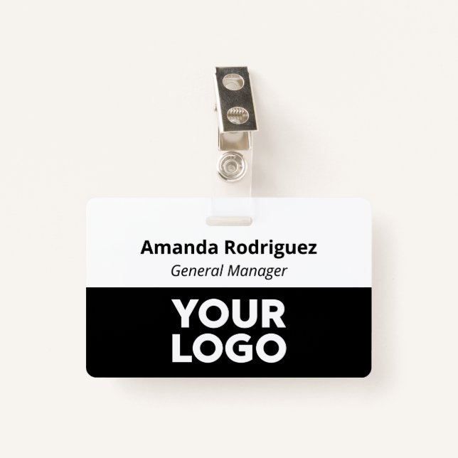 Custom Logo Employee Simple White Black Name ID Badge (Front with Clip)
