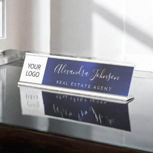 Custom Logo Executive Navy Blue Professional Desk Name Plate