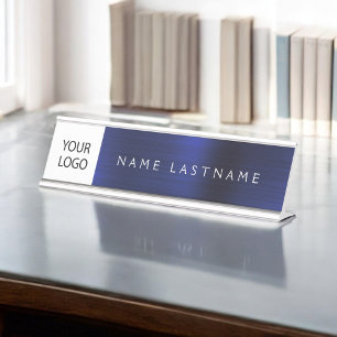 Custom Logo Executive Navy Blue Professional Desk Name Plate