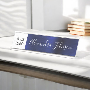 Custom Logo Executive Navy Blue Professional Desk Name Plate