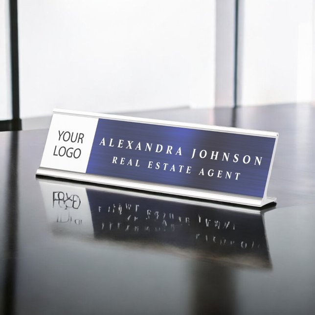 Custom Logo Executive Navy Blue Professional Desk Name Plate (Creator Uploaded)