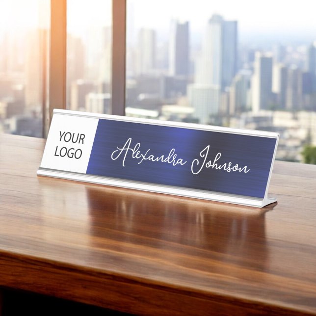 Custom Logo Executive Navy Blue Professional Desk Name Plate (Creator Uploaded)