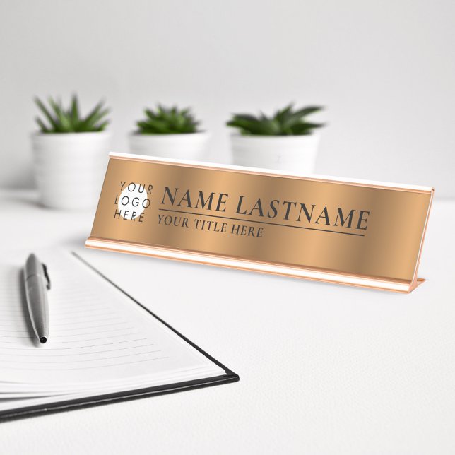 Custom Logo Faux Copper Classy Elegant Bronze Desk Name Plate (Creator Uploaded)