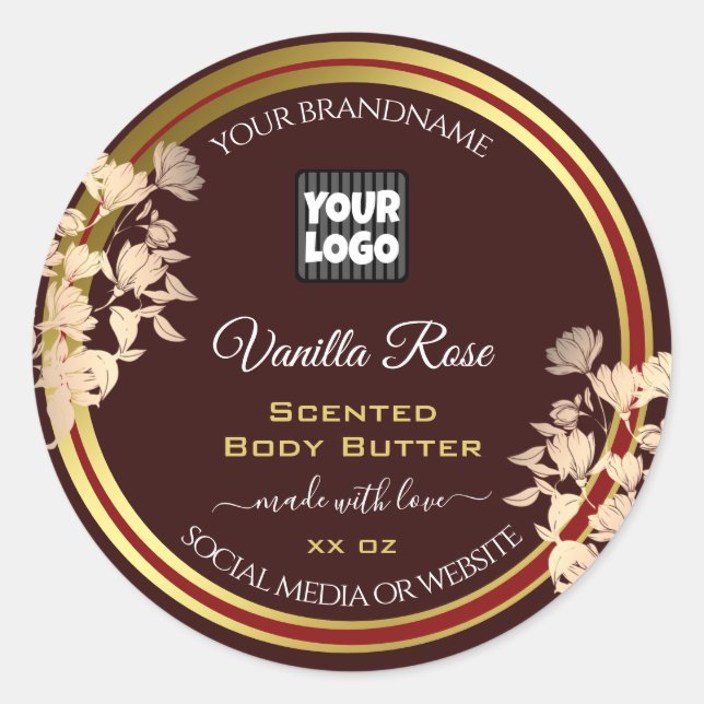 Custom Logo Floral Product Labels Burgundy Gold (Front)
