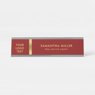 Custom Logo Gold and Dark Red Background Desk Name Plate