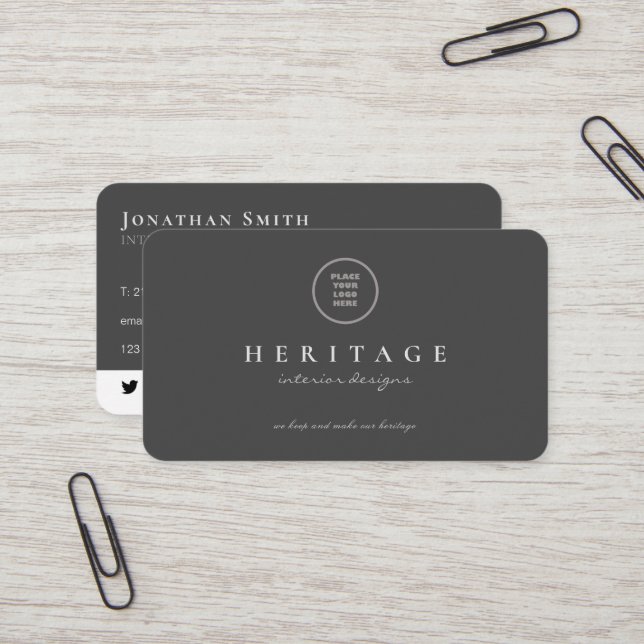 Custom logo grey chic modern social media icons business card (Front/Back In Situ)