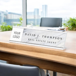 Custom Logo Grey White Marble Professional Desk Name Plate