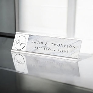Custom Logo Grey White Marble Professional Desk Name Plate