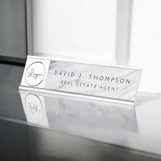 Custom Logo Grey White Marble Professional Desk Name Plate (Creator Uploaded)
