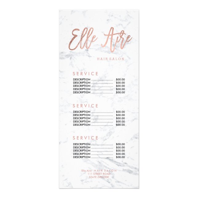 Custom logo hair faux gold marble price list rack card (Front)