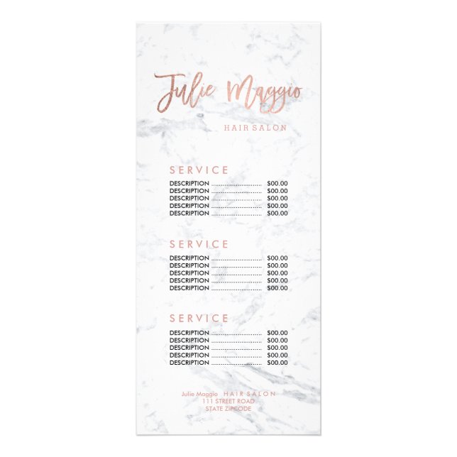 Custom logo hair faux gold marble price list rack card (Front)