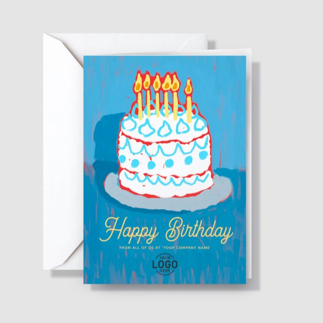 Custom Logo Hand Drawn Blue Whit Cake Birthday Card (Creator Uploaded)
