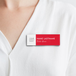 Custom Logo Here Bright Red Elegant White Title Name Tag