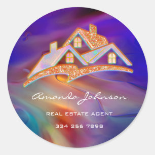 Custom Logo House Real Estate Agent Glitter Blue Classic Round Sticker
