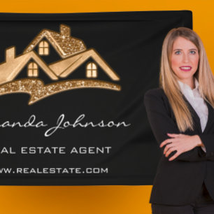 Custom Logo House Real Estate Agent Gold Black Squ Banner