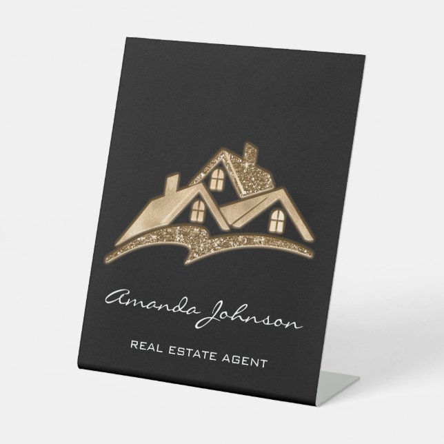 Custom Logo House Real Estate Agent Gold Black Squ Pedestal Sign (Front)