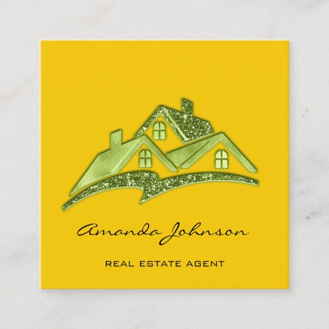 Custom Logo House Real Estate Agent Green Yellow Square Business Card (Front)