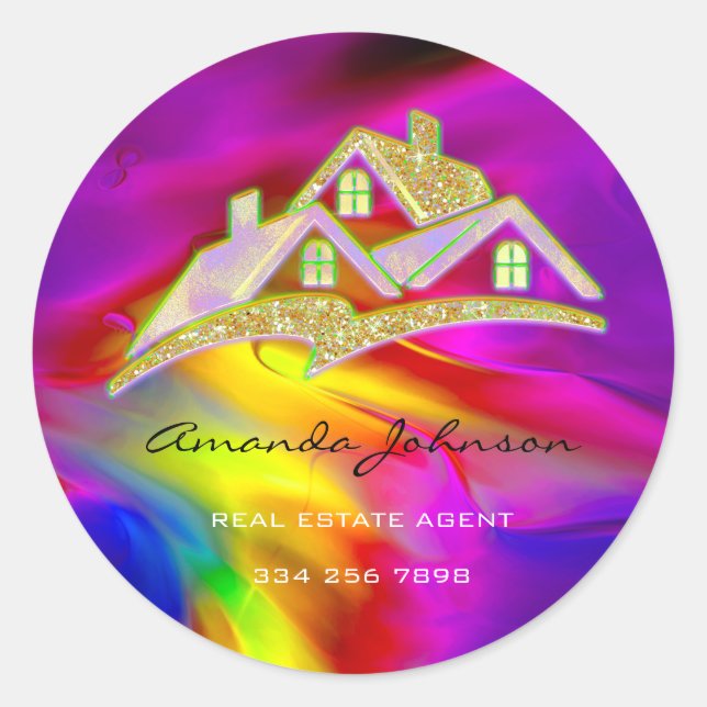 Custom Logo House Real Estate Agent Holographic Classic Round Sticker (Front)