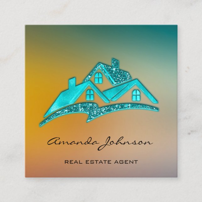 Custom Logo House Real Estate Agent Home Blue Ombr Square Business Card (Front)
