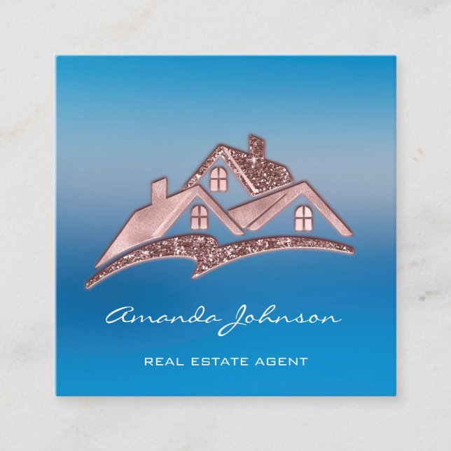 Custom Logo House Real Estate Agent Home Blue Square Business Card (Front)