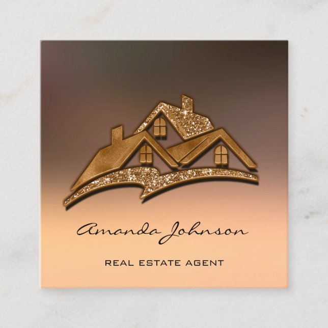 Custom Logo House Real Estate Agent Home Bronze Square Business Card (Front)