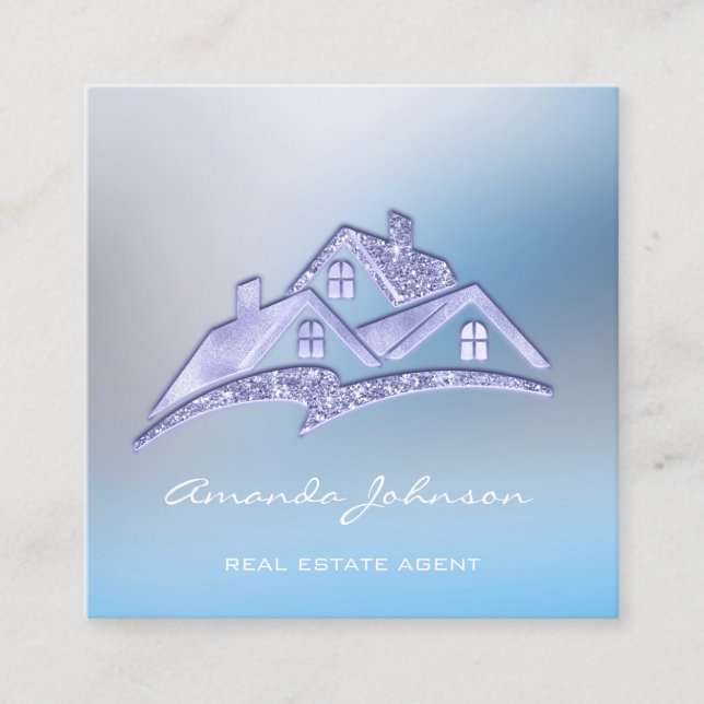 Custom Logo House Real Estate Agent Home Glam Blue Square Business Card (Front)