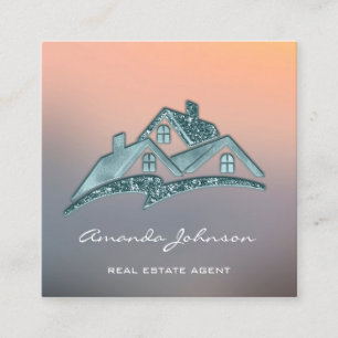 Custom Logo House Real Estate Agent Home Grey Teal Square Business Card