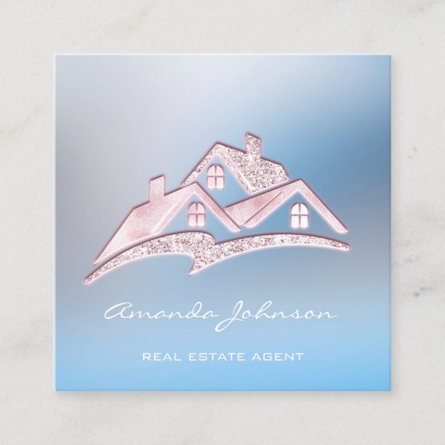 Custom Logo House Real Estate Agent Home Pink Blue Square Business Card (Front)