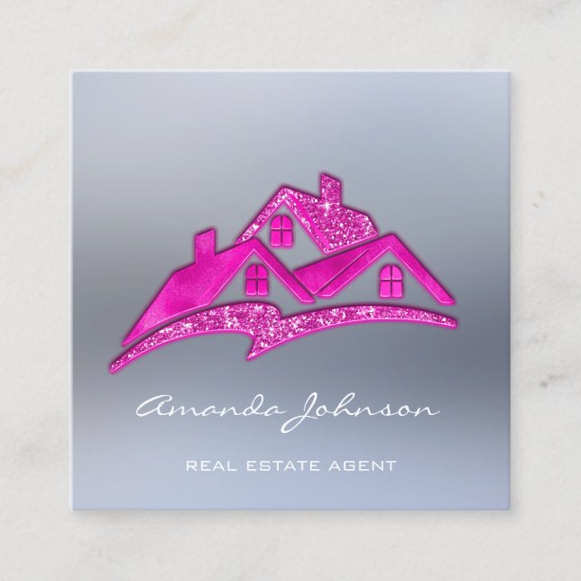 Custom Logo House Real Estate Agent Home Pink Square Business Card (Front)