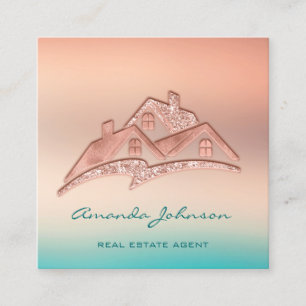 Custom Logo House Real Estate Agent Home Teal Rose Square Business Card