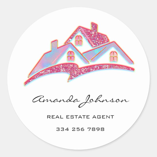 Custom Logo House Real Estate Agent Pink Blue Classic Round Sticker (Front)