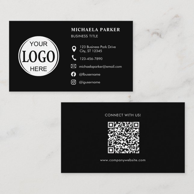 Custom Logo Icons Modern Black QR Code Business Card (Front/Back)