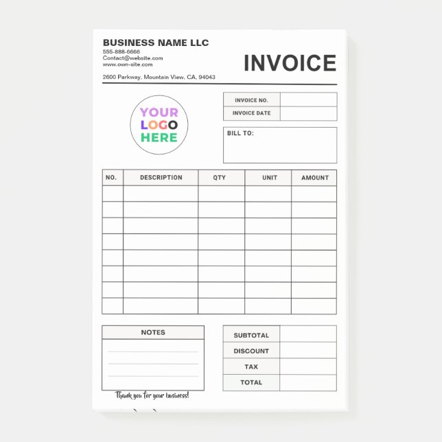 Custom Logo Invoice Order Forms | Business Pad Post-it Notes (Front)