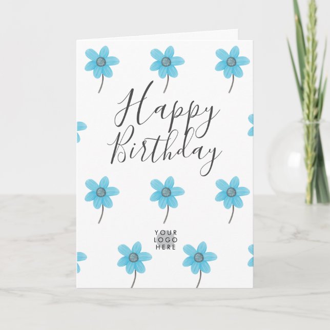 Custom Logo Light Blue Flower Happy Birthday Card (Front)