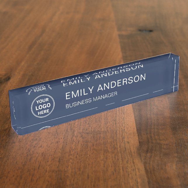 Custom Logo Minimal Navy Blue Corporate Business  Nameplate (Side)