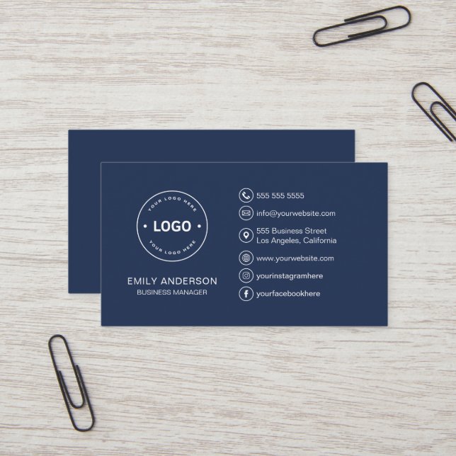 Custom Logo Minimal Navy Blue Professional Business Card (Front/Back In Situ)
