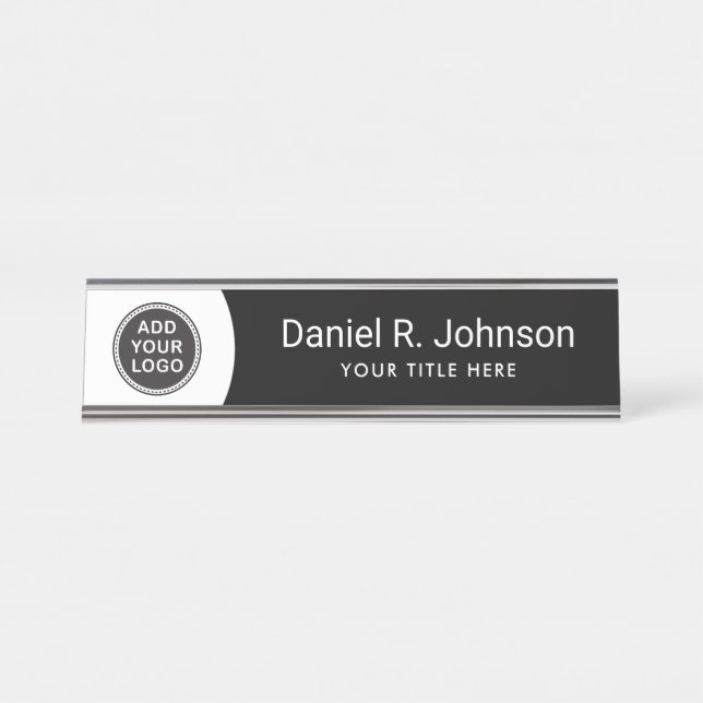 Custom logo modern black and white desk name plate (Front)