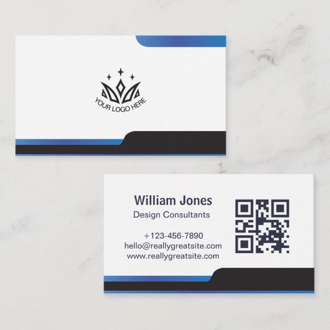 Custom Logo Modern Blue Corporate QR Code  Business Card (Front/Back)