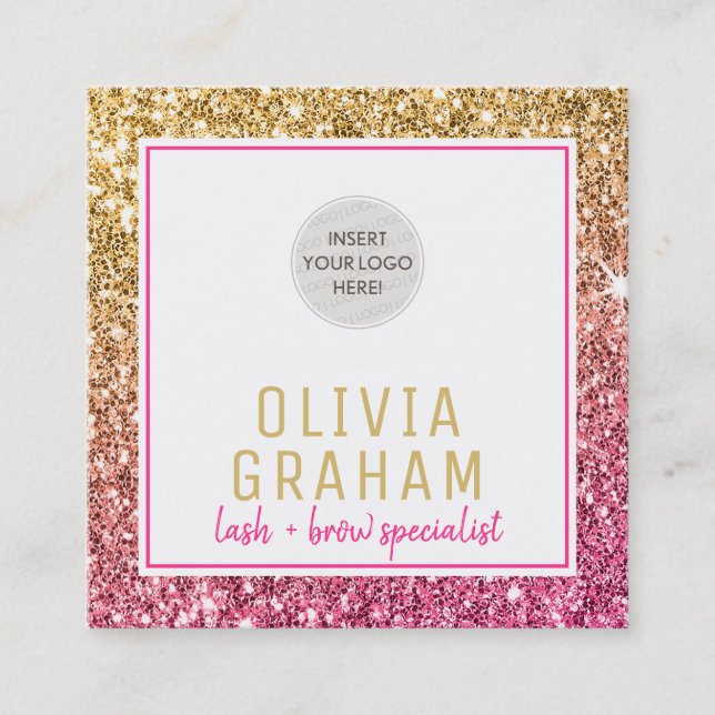 CUSTOM LOGO modern glam chic hot pink gold glitter Square Business Card (Front)